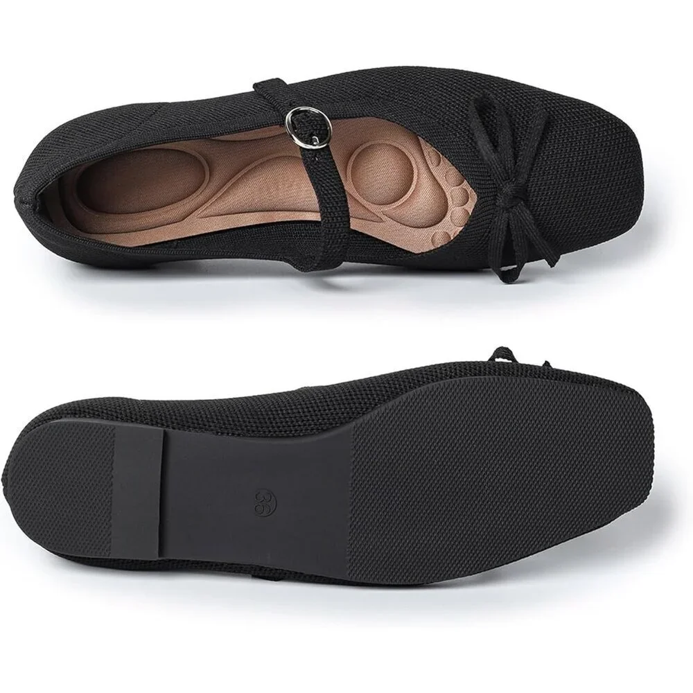 Women Black Fabric Upper And Rubber Sole Casual Ballet Flats With Ankle Strap - Picture 2 of 6
